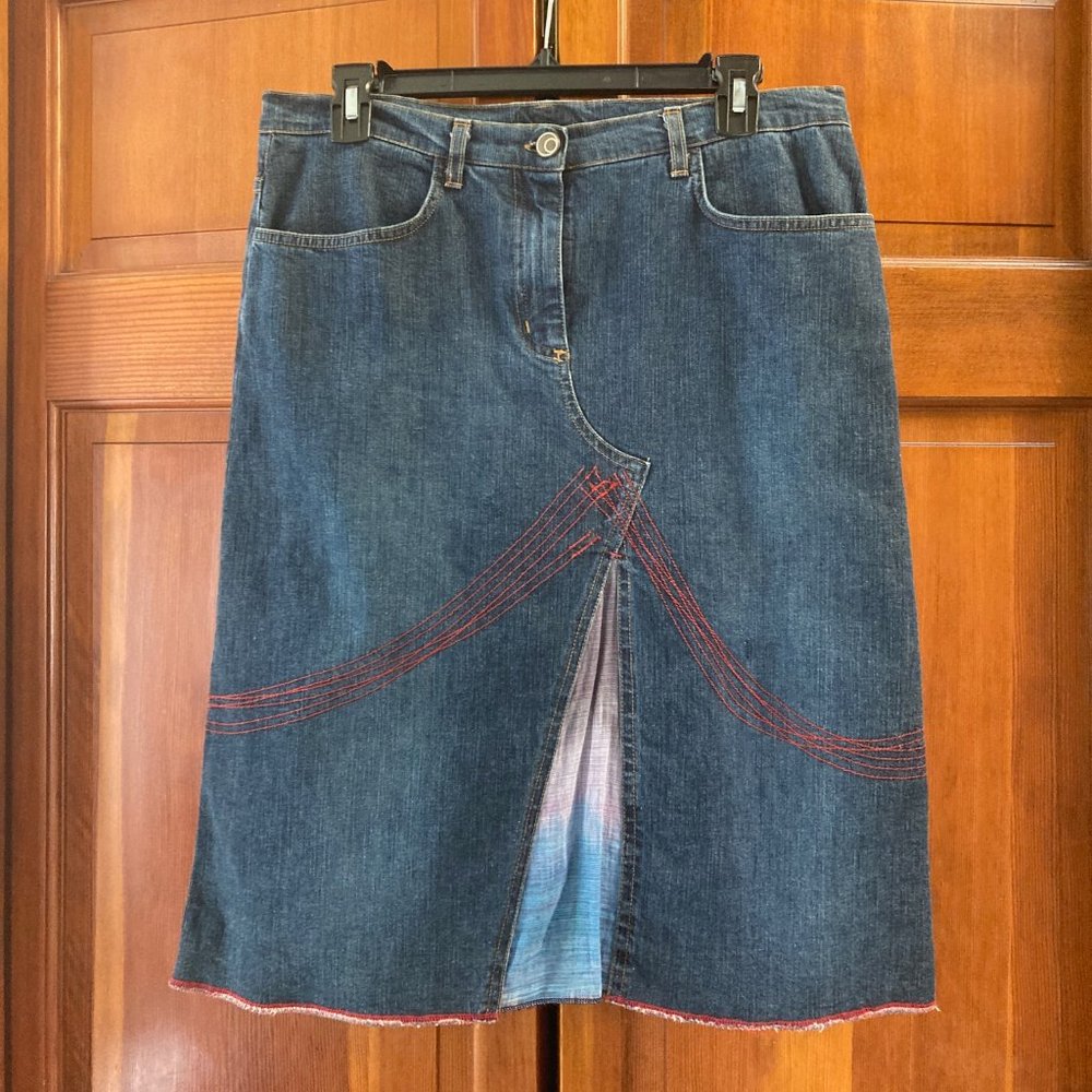 Designer Denim Skirt - front slit has ombre cloth, back slit is open - size 10